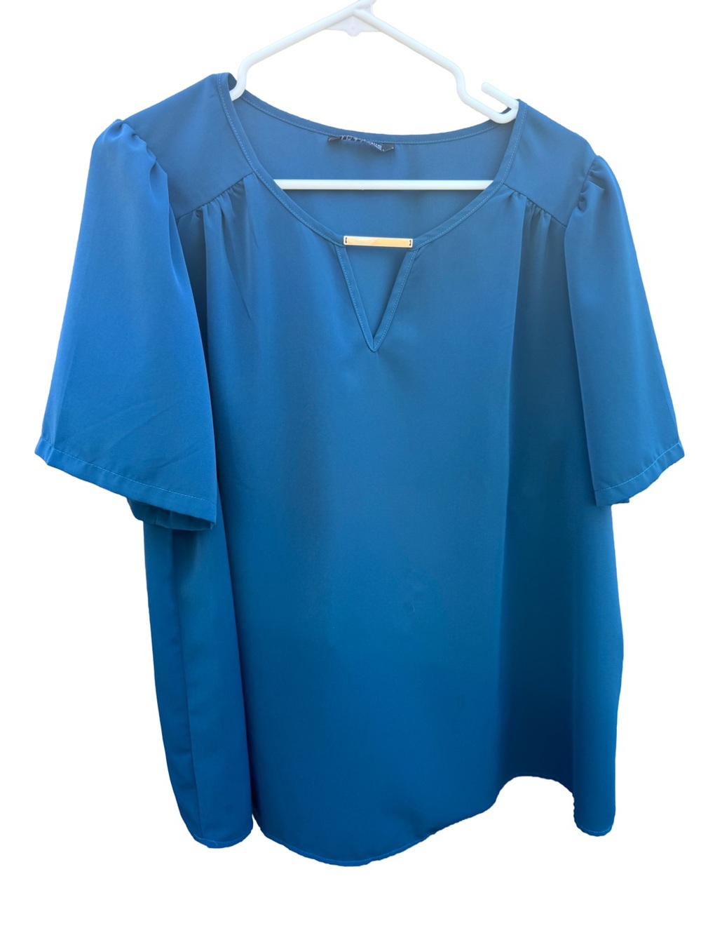 Teal Blue Gold Bar Accent Blouse V-Neck Hardware Detail Office Top